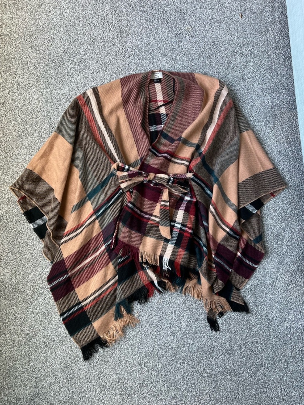 Plaid Fringe Tie-Waist Poncho Cape in Camel & Burgundy